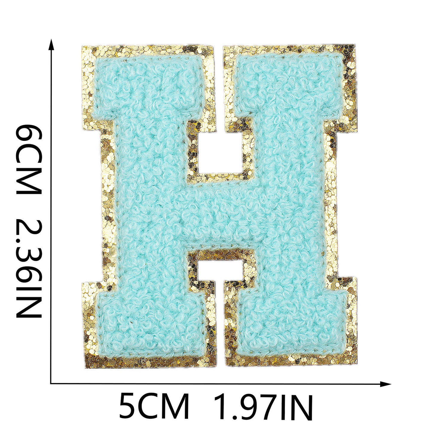 Iron-On Chenille Letter Patch – 6cm Tall, Aqua Blue Letter with Gold Glitter Edge