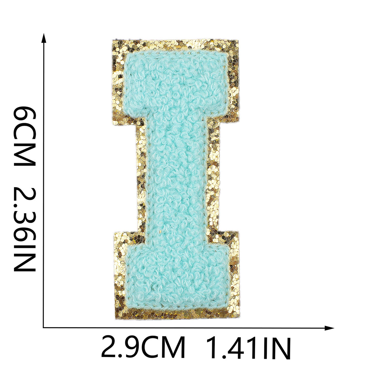 Iron-On Chenille Letter Patch – 6cm Tall, Aqua Blue Letter with Gold Glitter Edge