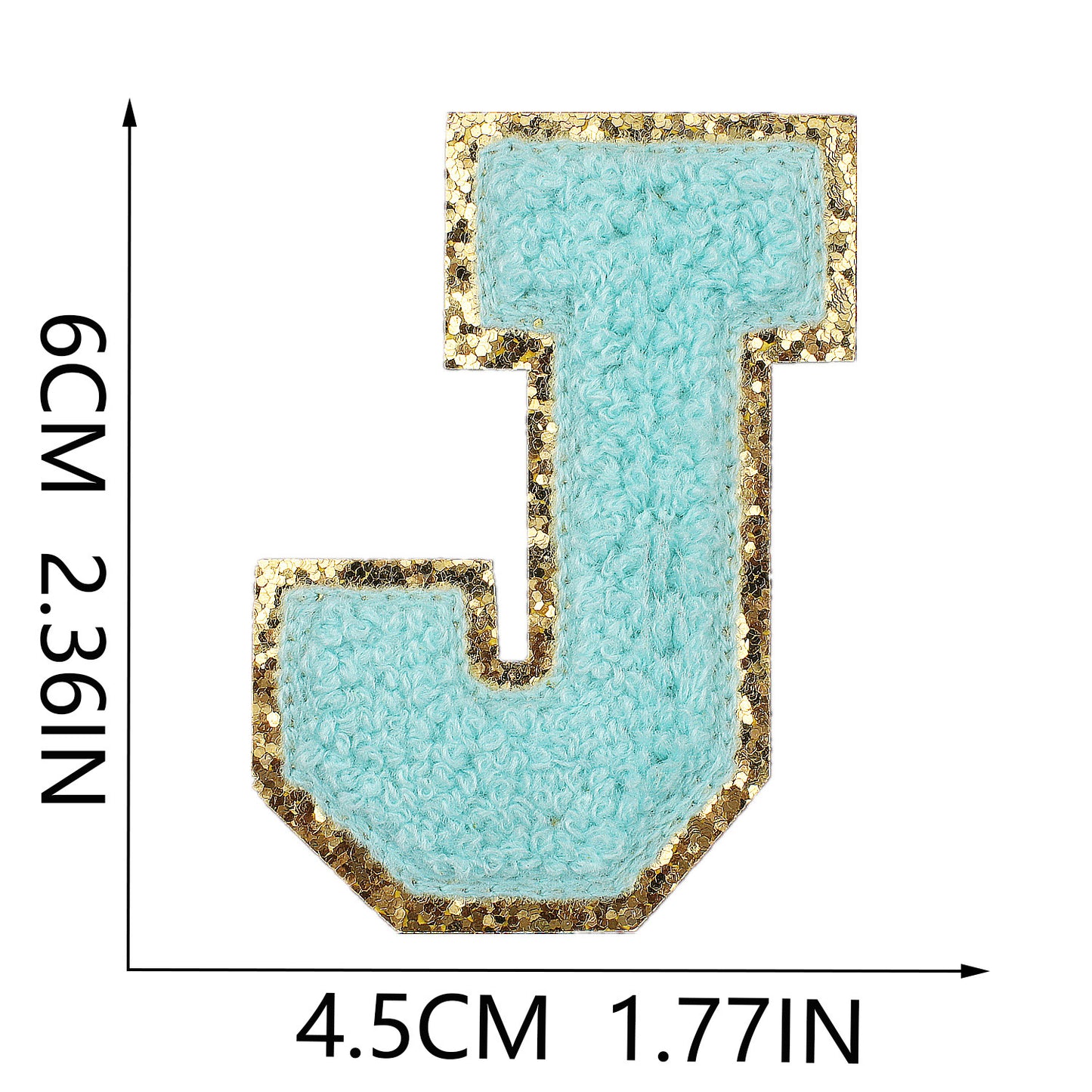 Iron-On Chenille Letter Patch – 6cm Tall, Aqua Blue Letter with Gold Glitter Edge