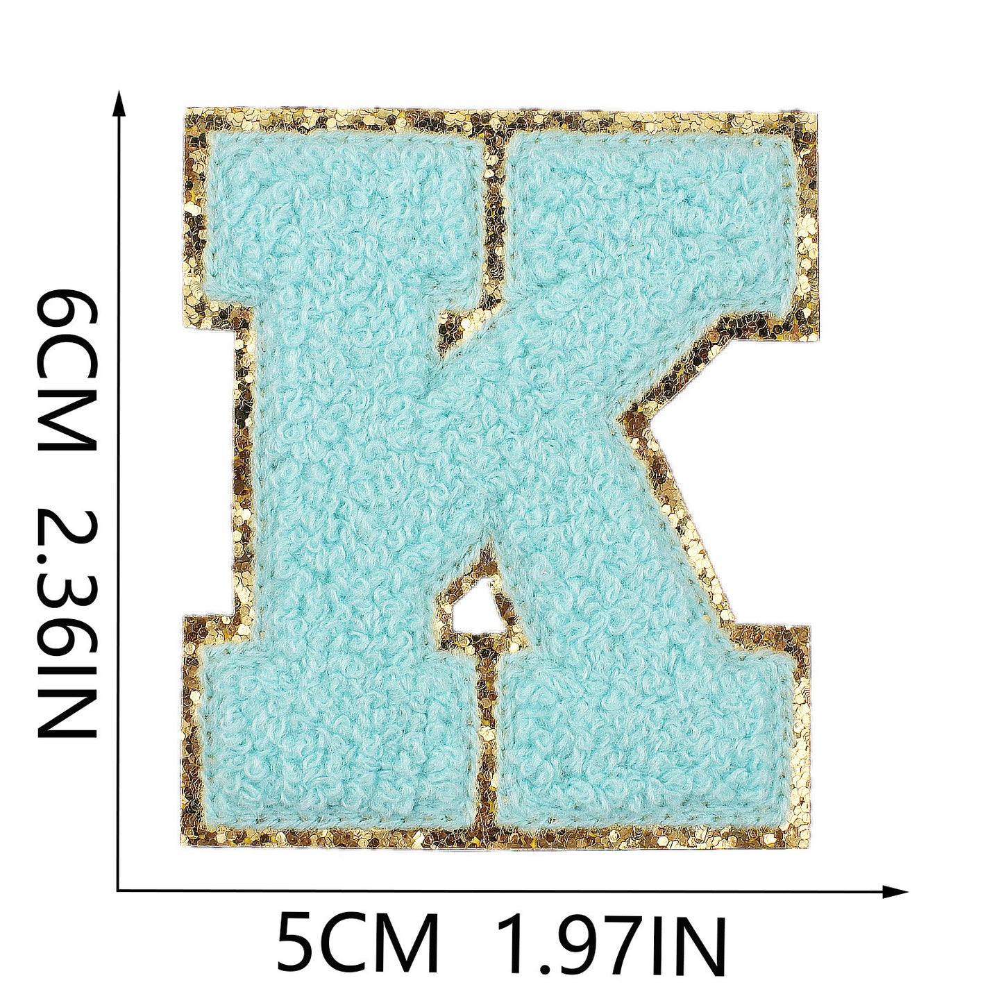 Iron-On Chenille Letter Patch – 6cm Tall, Aqua Blue Letter with Gold Glitter Edge