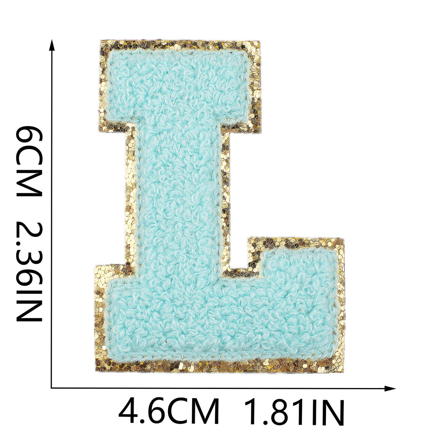Iron-On Chenille Letter Patch – 6cm Tall, Aqua Blue Letter with Gold Glitter Edge