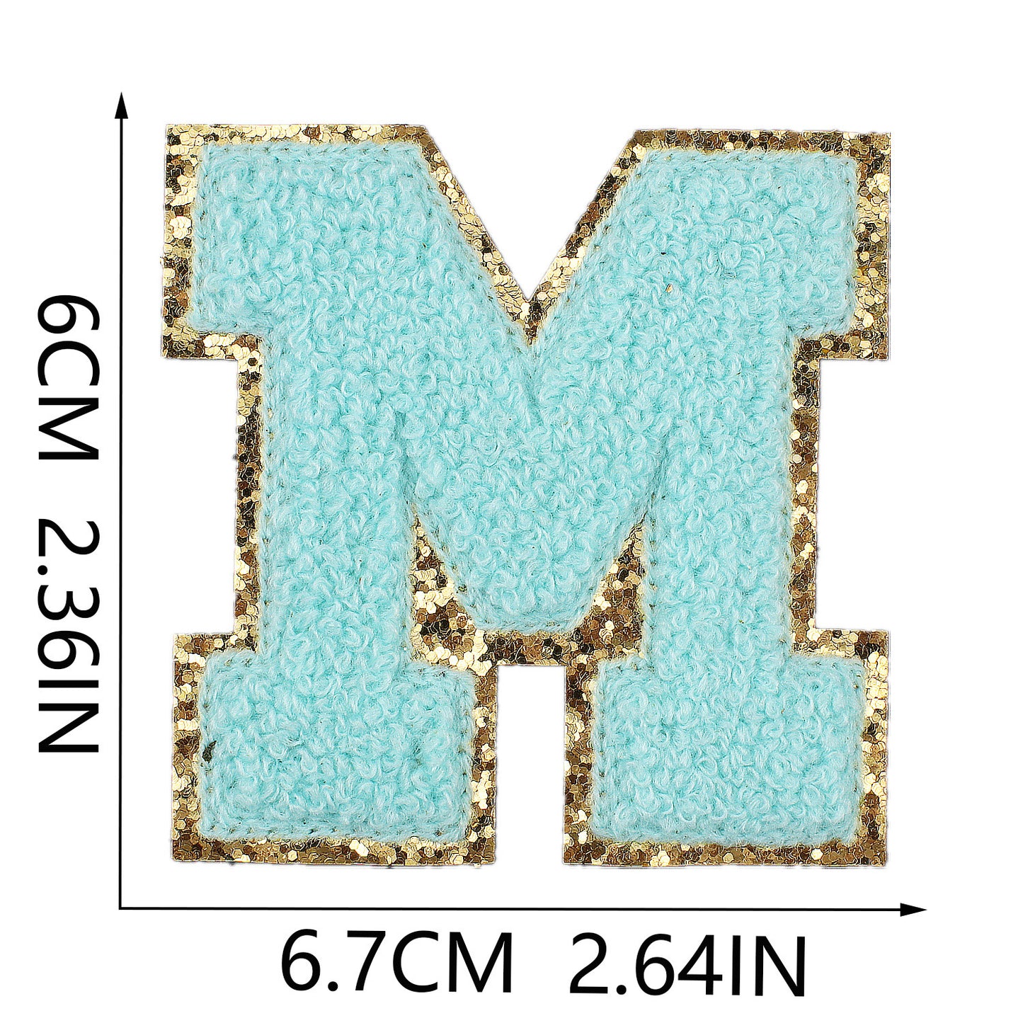 Iron-On Chenille Letter Patch – 6cm Tall, Aqua Blue Letter with Gold Glitter Edge