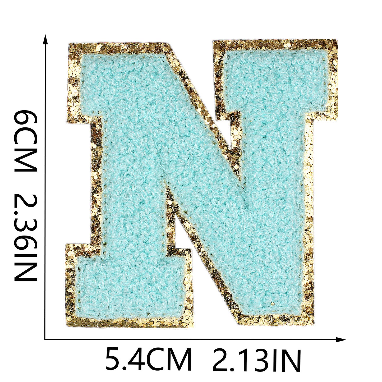 Iron-On Chenille Letter Patch – 6cm Tall, Aqua Blue Letter with Gold Glitter Edge