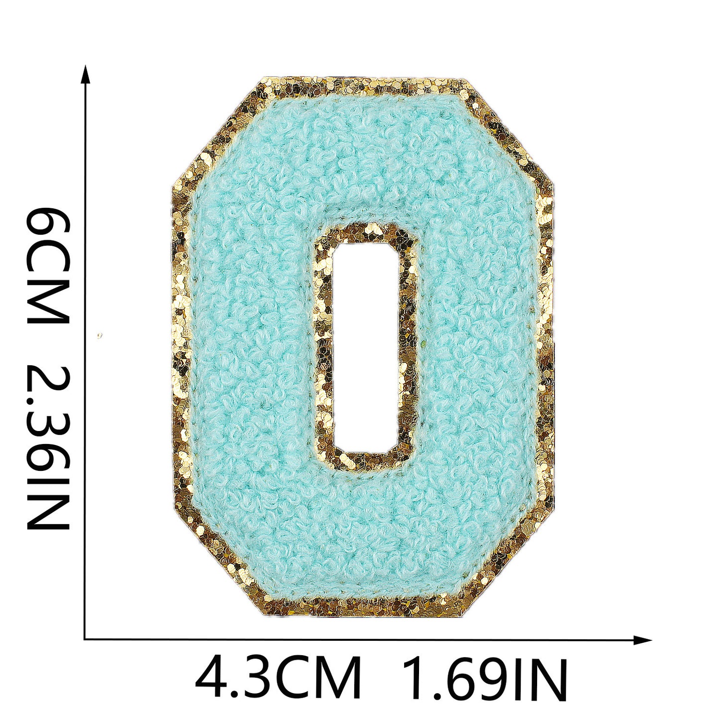 Iron-On Chenille Letter Patch – 6cm Tall, Aqua Blue Letter with Gold Glitter Edge
