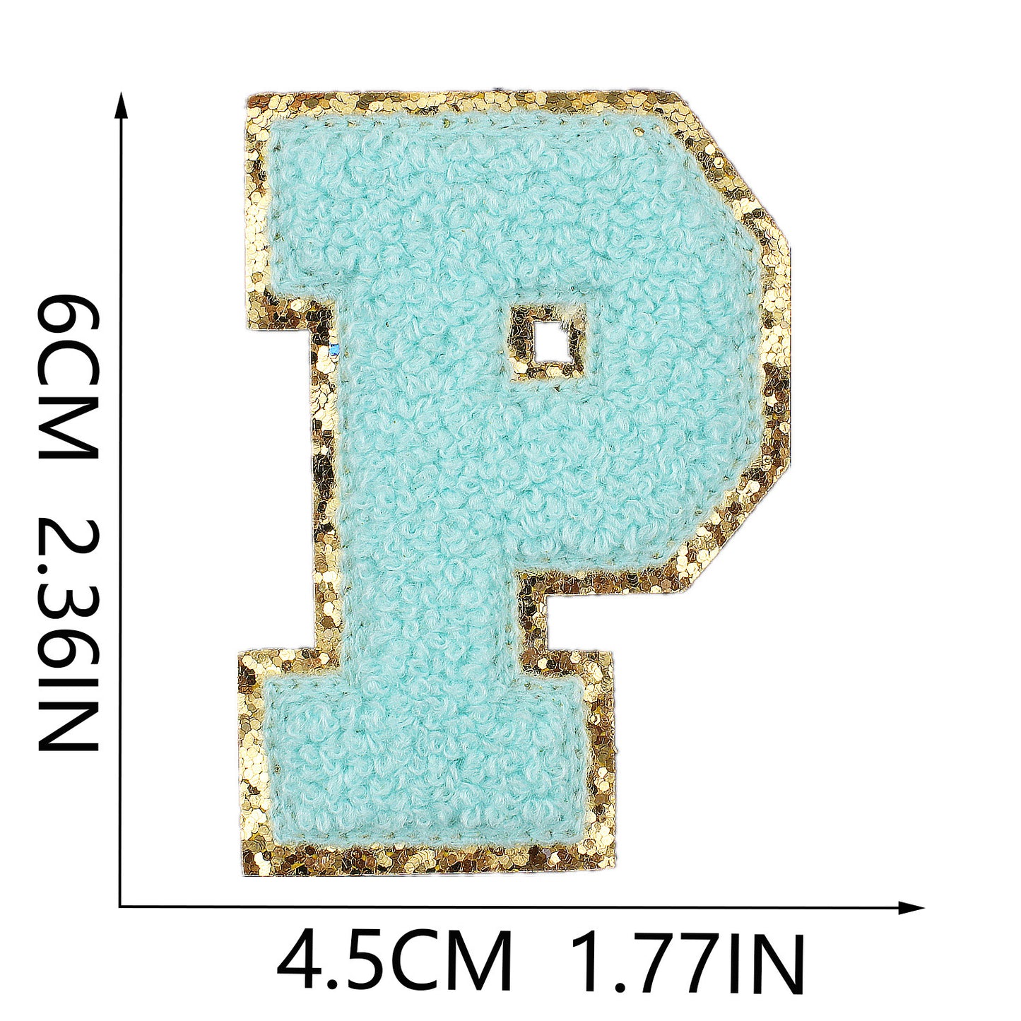Iron-On Chenille Letter Patch – 6cm Tall, Aqua Blue Letter with Gold Glitter Edge