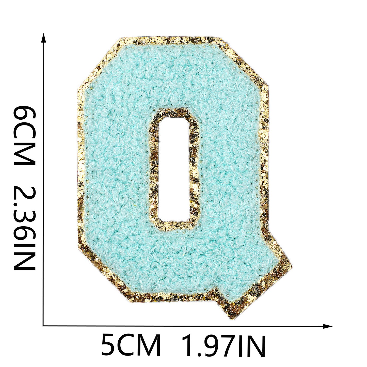 Iron-On Chenille Letter Patch – 6cm Tall, Aqua Blue Letter with Gold Glitter Edge