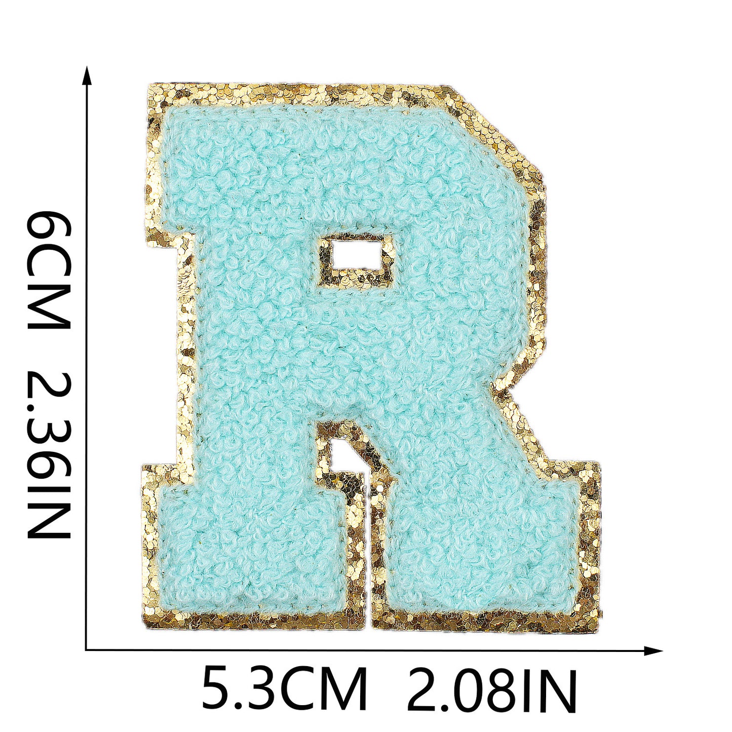 Iron-On Chenille Letter Patch – 6cm Tall, Aqua Blue Letter with Gold Glitter Edge