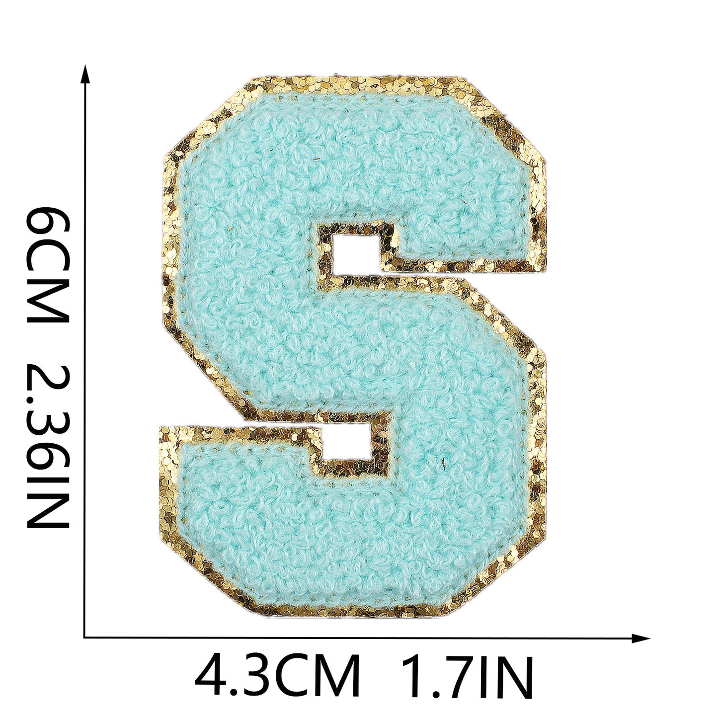 Iron-On Chenille Letter Patch – 6cm Tall, Aqua Blue Letter with Gold Glitter Edge