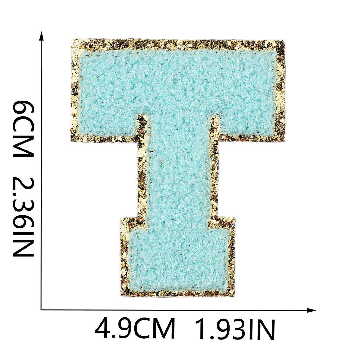 Iron-On Chenille Letter Patch – 6cm Tall, Aqua Blue Letter with Gold Glitter Edge