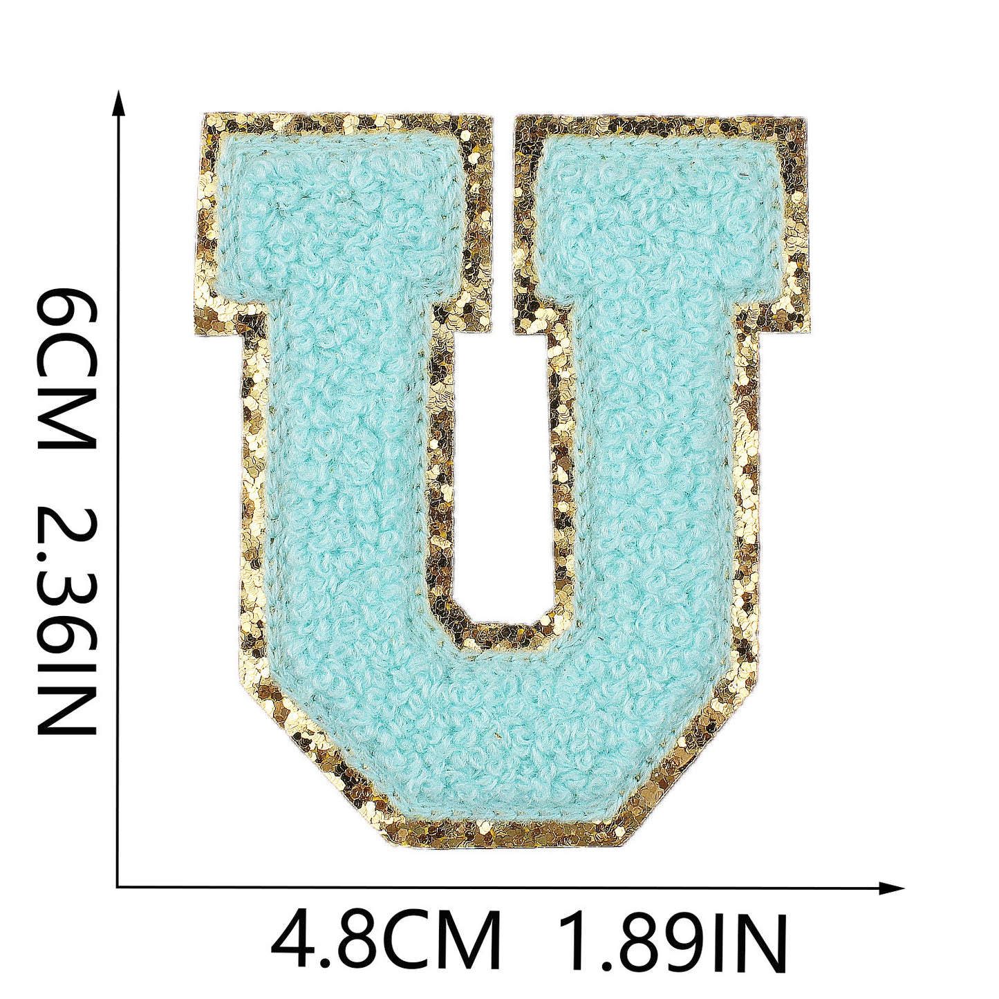 Iron-On Chenille Letter Patch – 6cm Tall, Aqua Blue Letter with Gold Glitter Edge