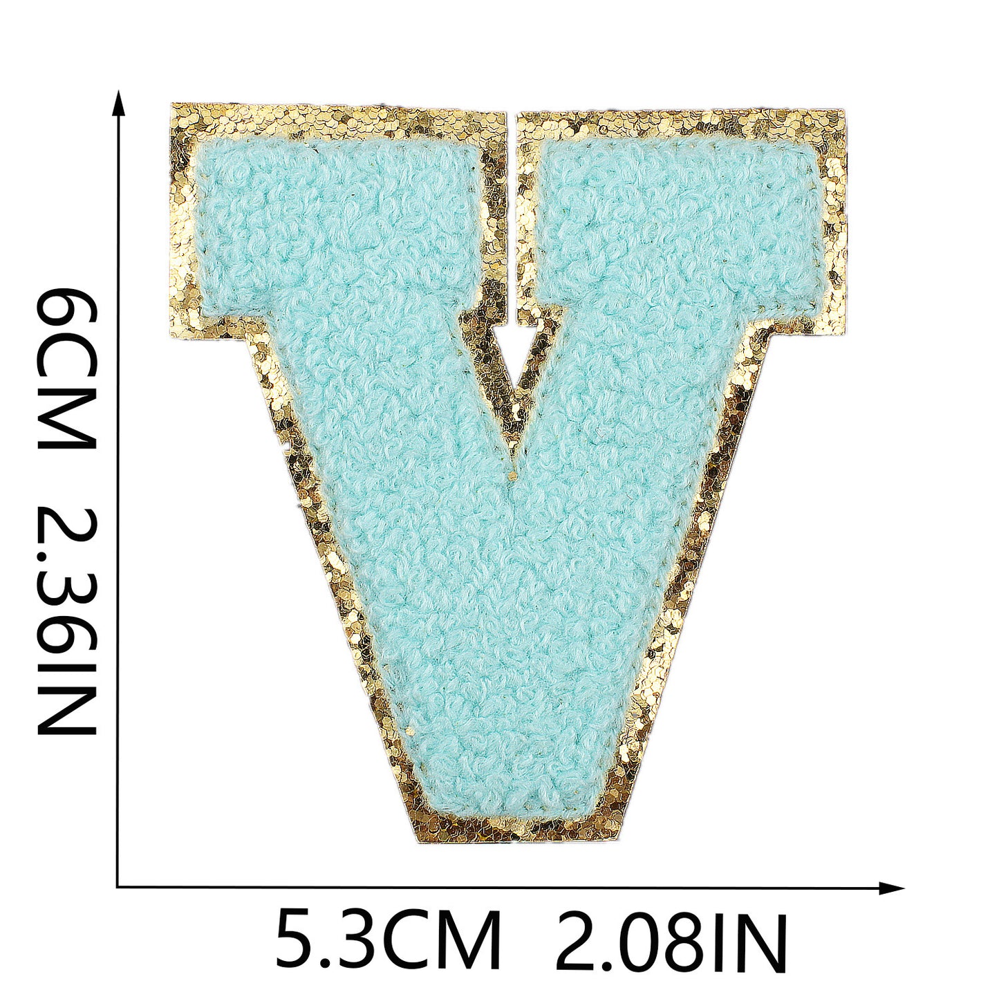 Iron-On Chenille Letter Patch – 6cm Tall, Aqua Blue Letter with Gold Glitter Edge