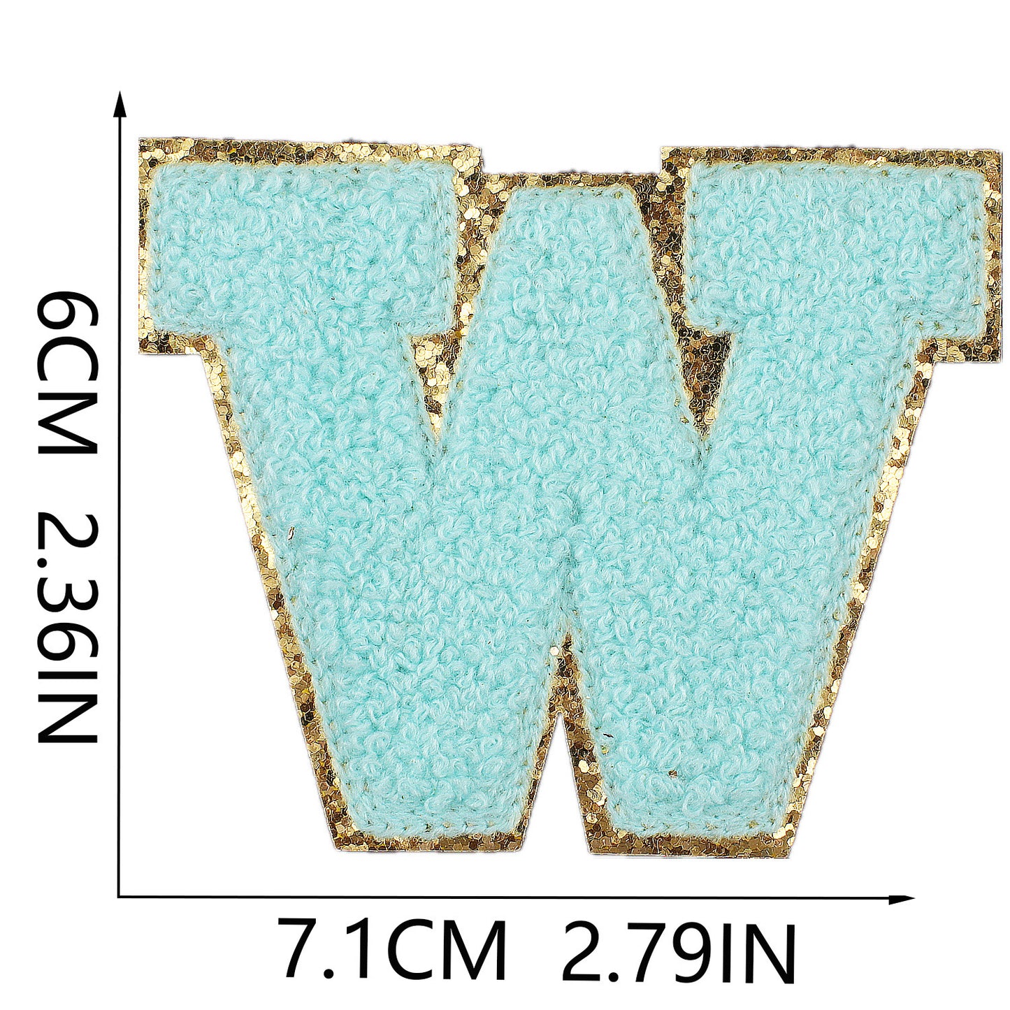 Iron-On Chenille Letter Patch – 6cm Tall, Aqua Blue Letter with Gold Glitter Edge