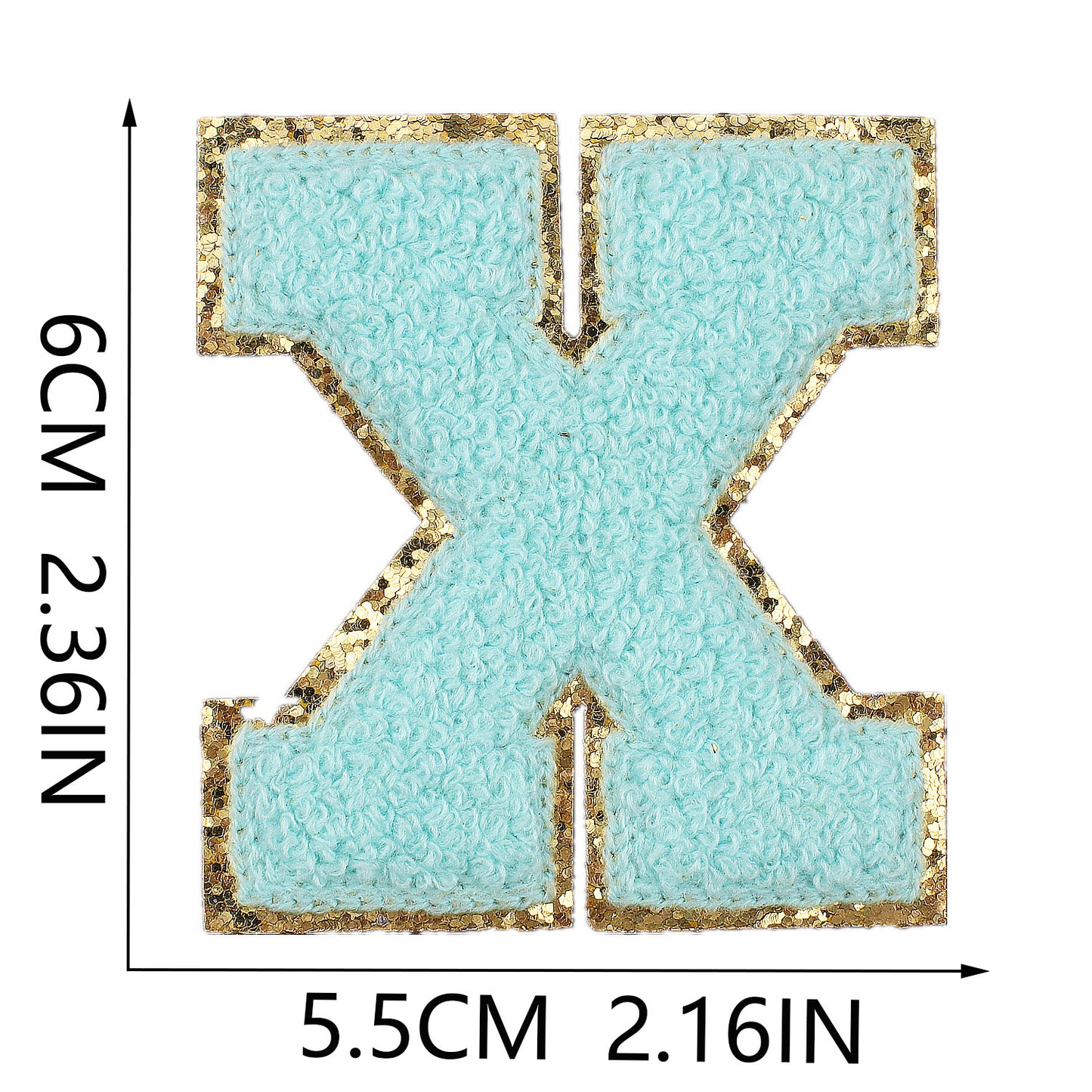 Iron-On Chenille Letter Patch – 6cm Tall, Aqua Blue Letter with Gold Glitter Edge
