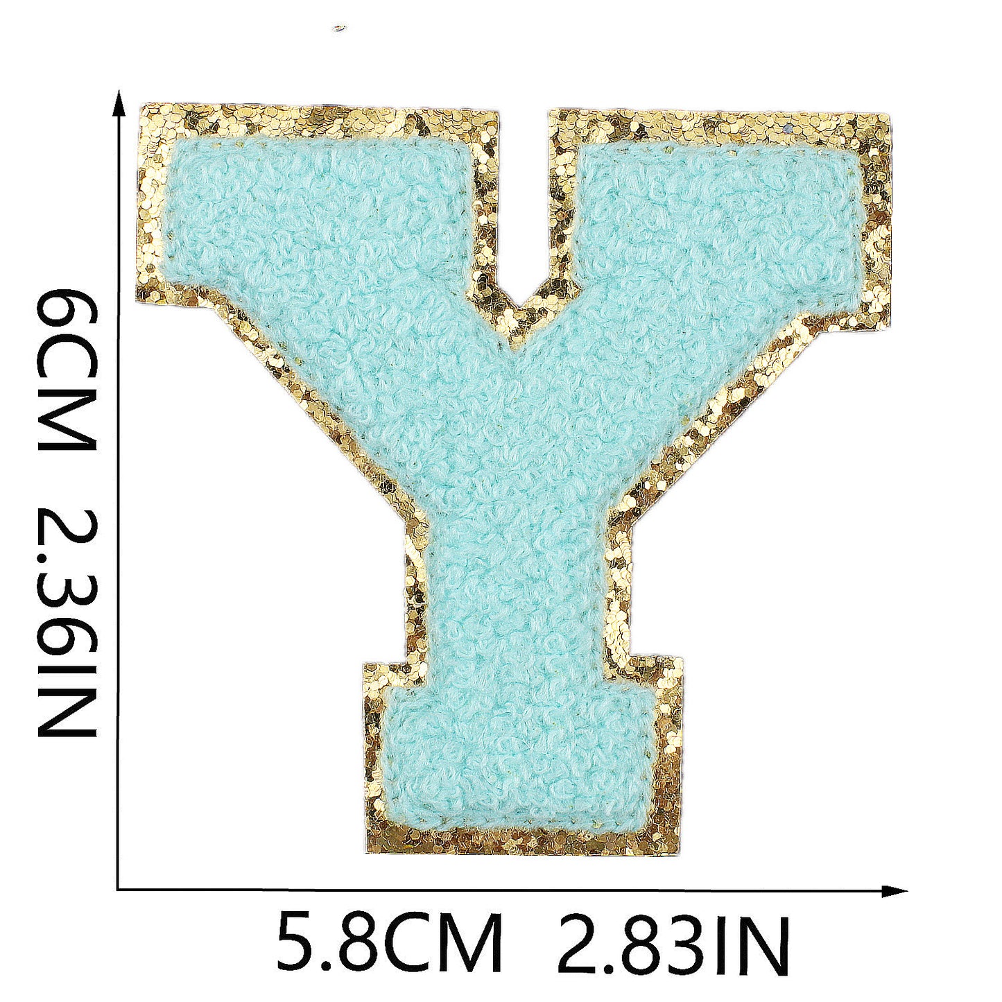 Iron-On Chenille Letter Patch – 6cm Tall, Aqua Blue Letter with Gold Glitter Edge
