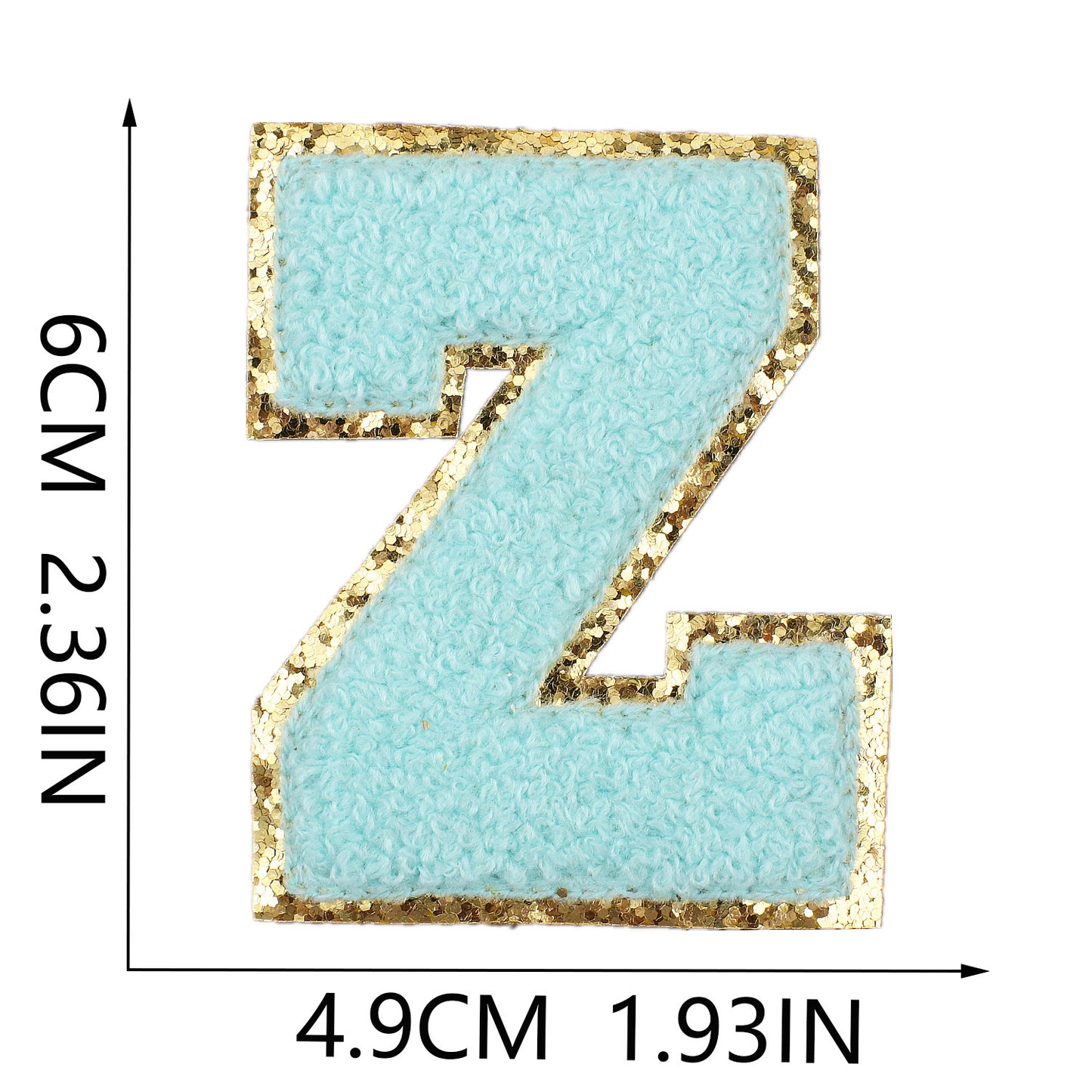 Iron-On Chenille Letter Patch – 6cm Tall, Aqua Blue Letter with Gold Glitter Edge