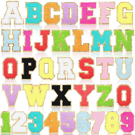 Iron-On Dual-Color Rainbow Chenille Letter & Number Patch – 8cm Tall, Multi-Color Alphabet with Gold Glitter Edge