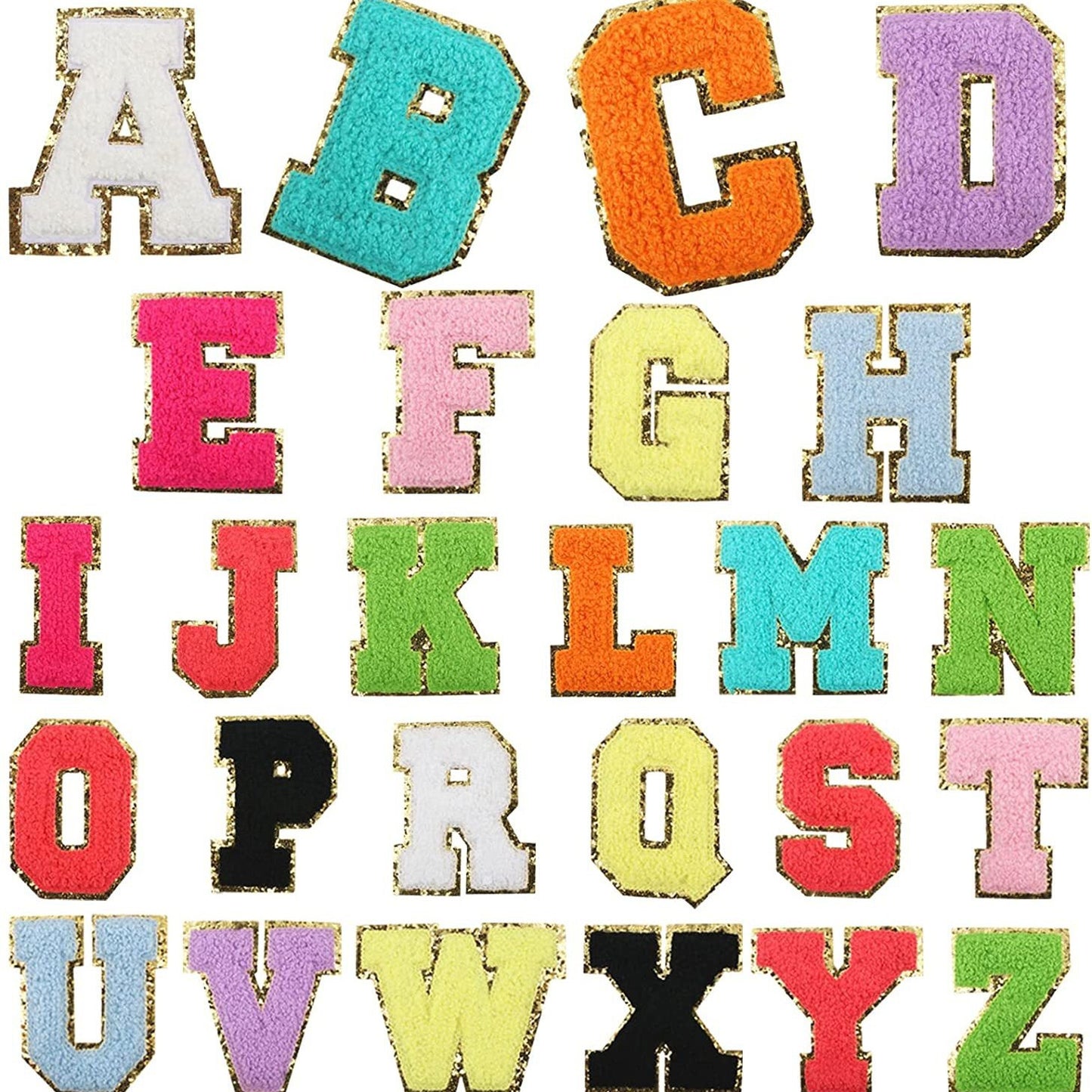 Iron-On Dual-Color Rainbow Chenille Letter & Number Patch – 8cm Tall, Multi-Color Alphabet with Gold Glitter Edge