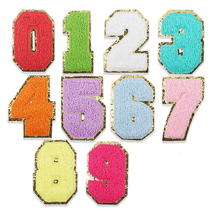 Iron-On Dual-Color Rainbow Chenille Letter & Number Patch – 8cm Tall, Multi-Color Alphabet with Gold Glitter Edge