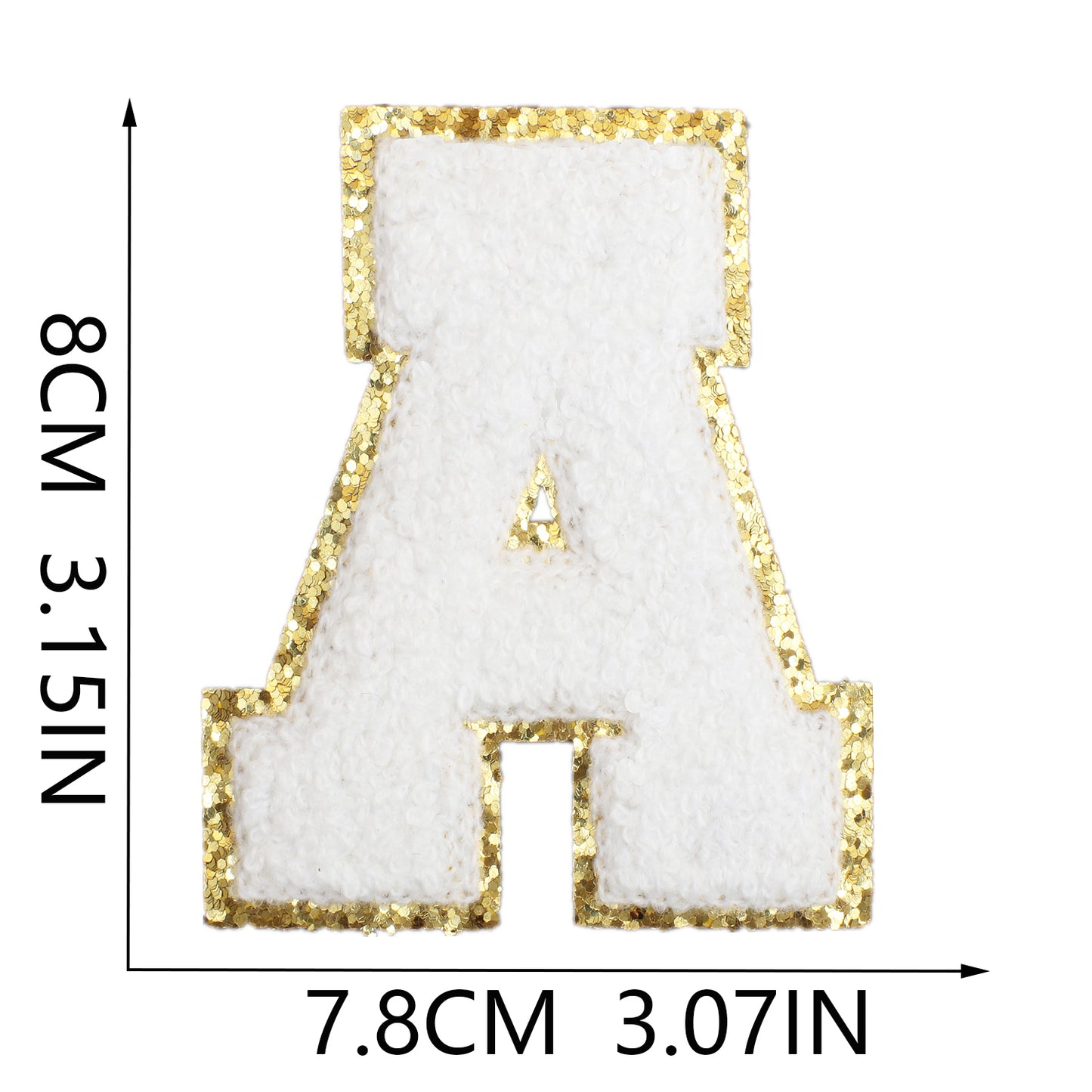 Iron-On Dual-Color Rainbow Chenille Letter & Number Patch – 8cm Tall, Multi-Color Alphabet with Gold Glitter Edge