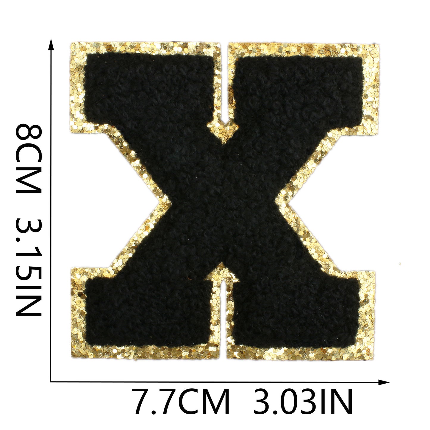 Iron-On Dual-Color Rainbow Chenille Letter & Number Patch – 8cm Tall, Multi-Color Alphabet with Gold Glitter Edge