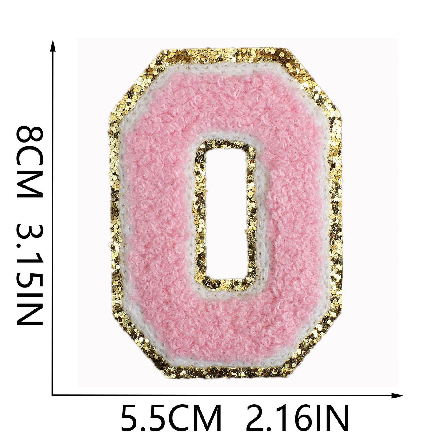 Iron-On Chenille Letter & Number Patch – 8cm Tall, Pink Letter with Gold Glitter Edge