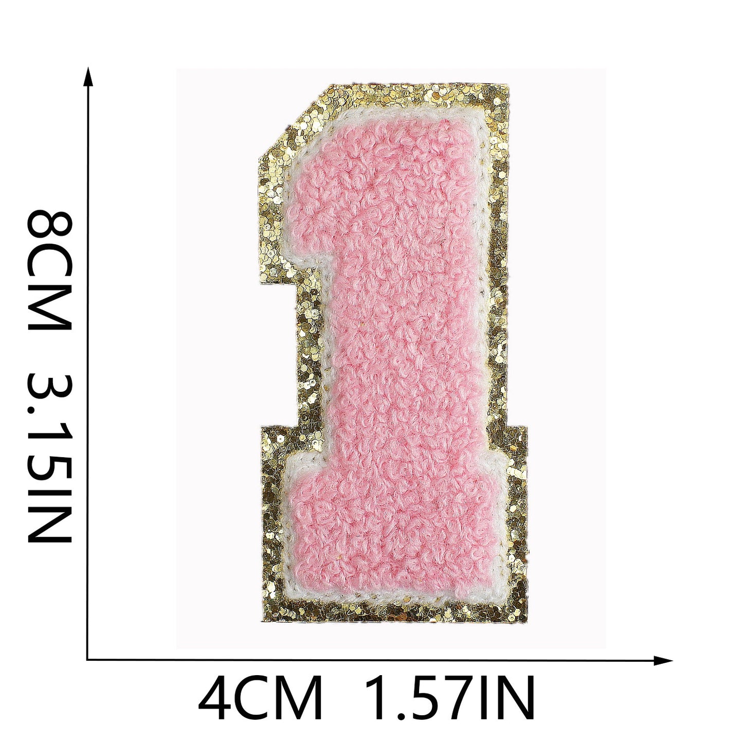 Iron-On Chenille Letter & Number Patch – 8cm Tall, Pink Letter with Gold Glitter Edge