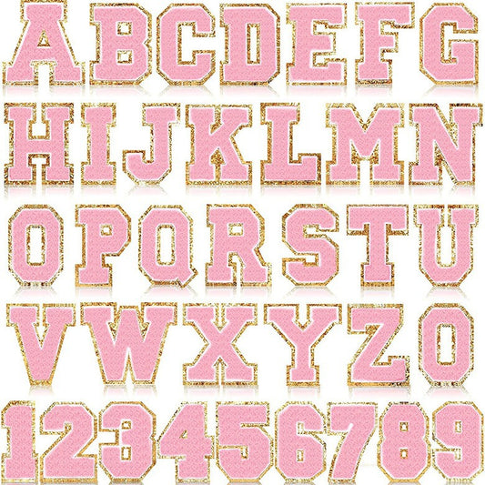 Iron-On Chenille Letter & Number Patch – 8cm Tall, Pink Letter with Gold Glitter Edge