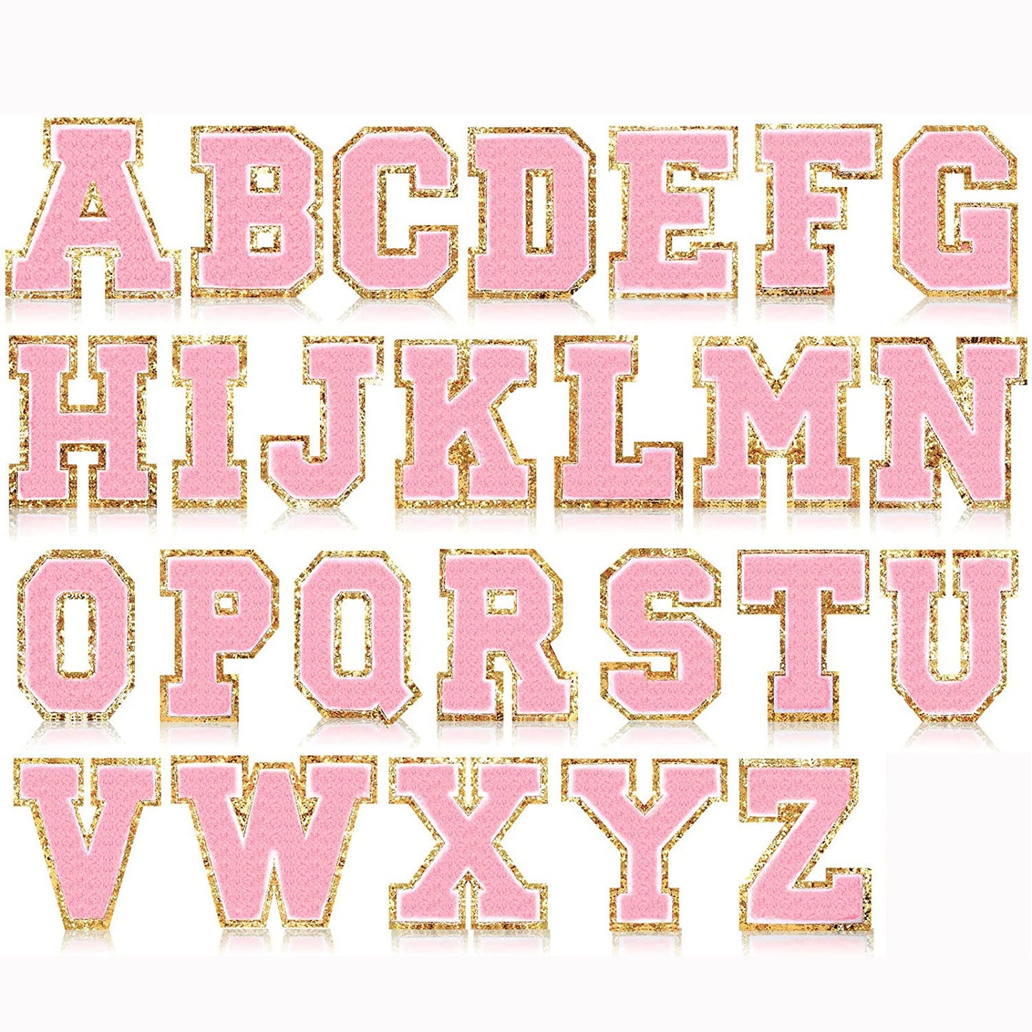 Iron-On Chenille Letter & Number Patch – 8cm Tall, Pink Letter with Gold Glitter Edge