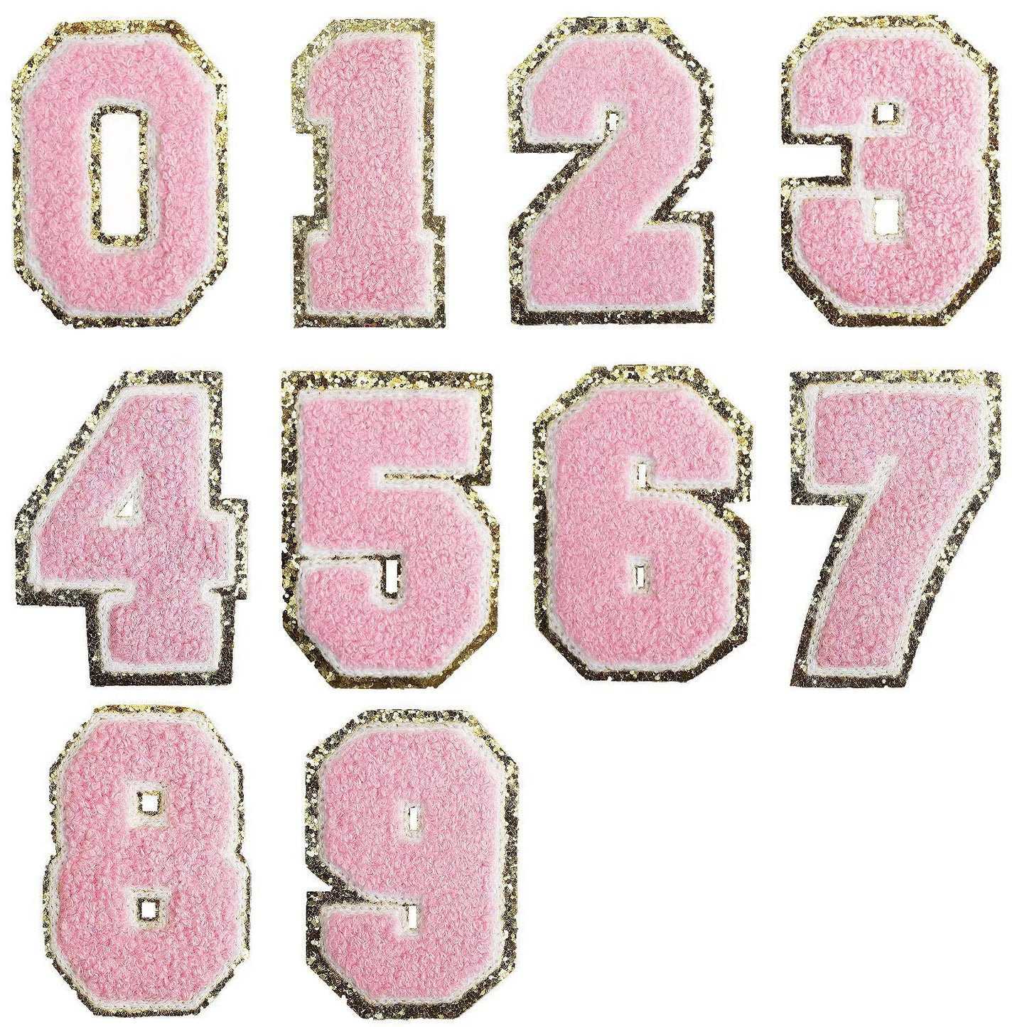 Iron-On Chenille Letter & Number Patch – 8cm Tall, Pink Letter with Gold Glitter Edge