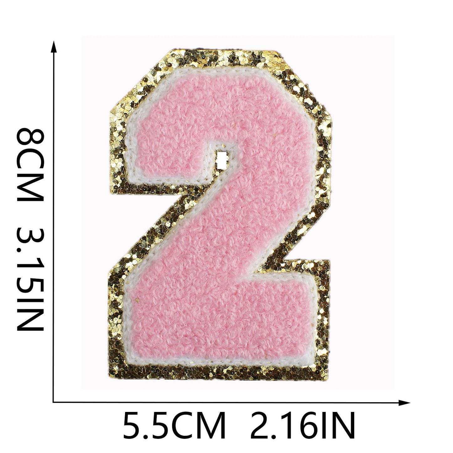 Iron-On Chenille Letter & Number Patch – 8cm Tall, Pink Letter with Gold Glitter Edge