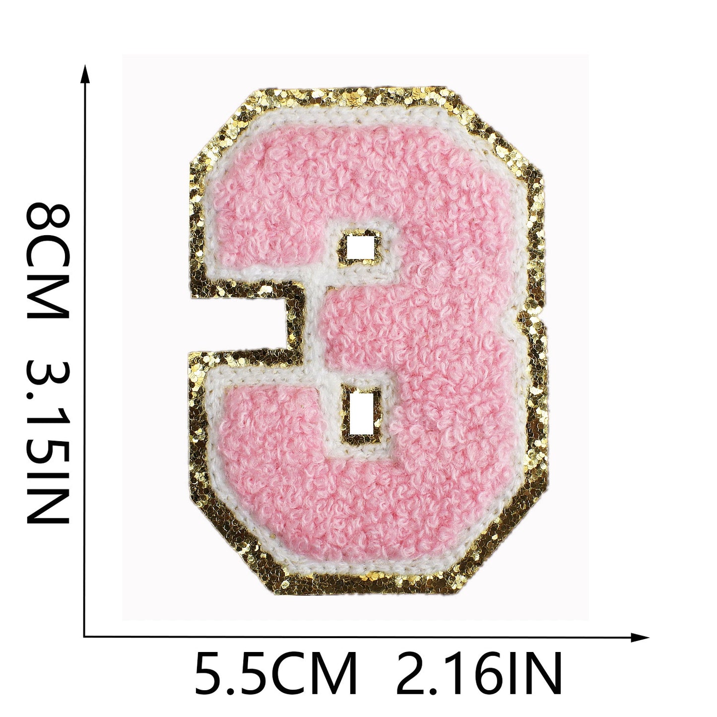 Iron-On Chenille Letter & Number Patch – 8cm Tall, Pink Letter with Gold Glitter Edge