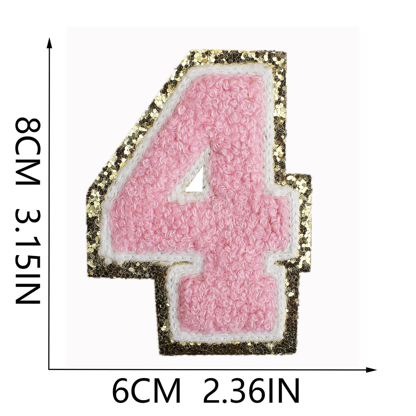 Iron-On Chenille Letter & Number Patch – 8cm Tall, Pink Letter with Gold Glitter Edge