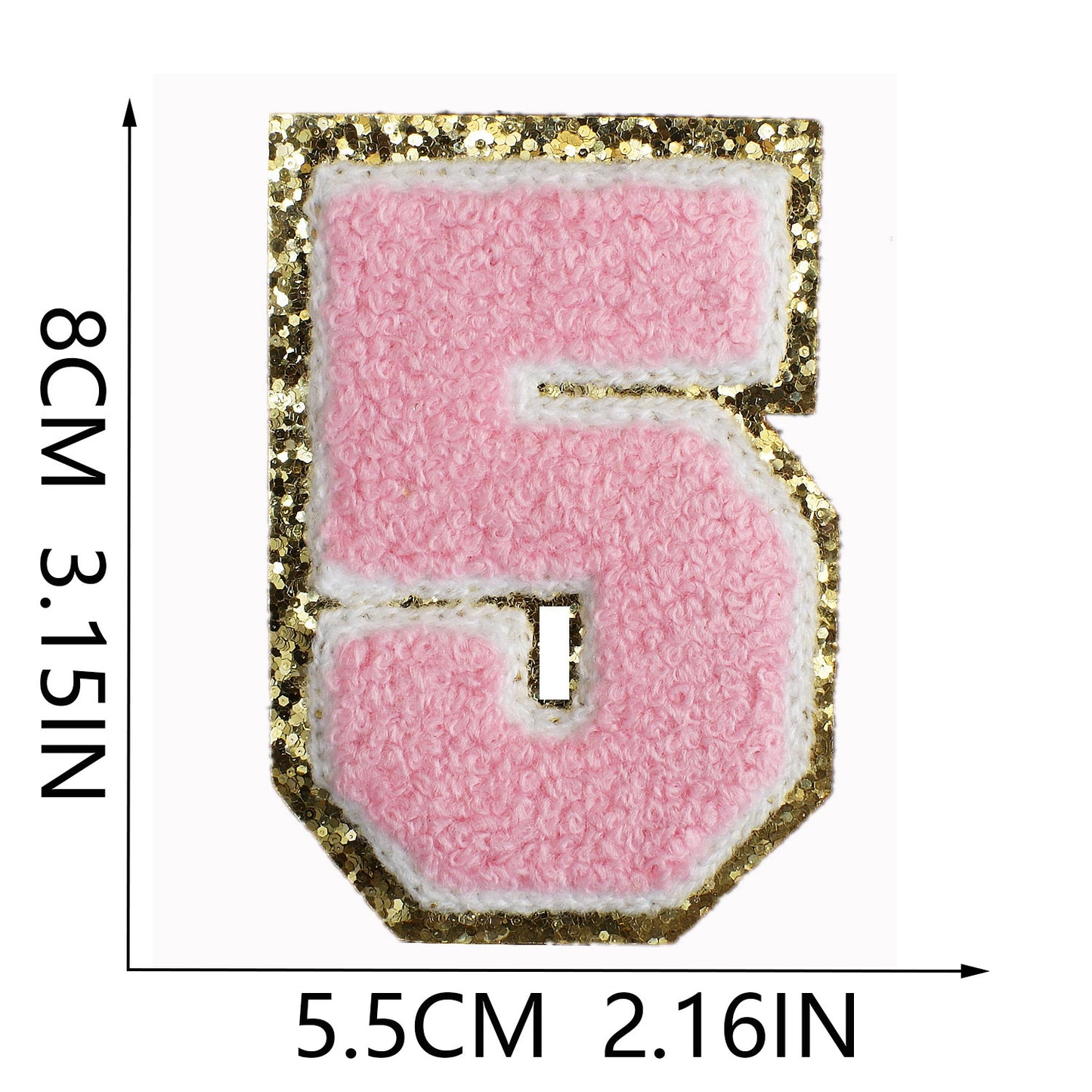 Iron-On Chenille Letter & Number Patch – 8cm Tall, Pink Letter with Gold Glitter Edge