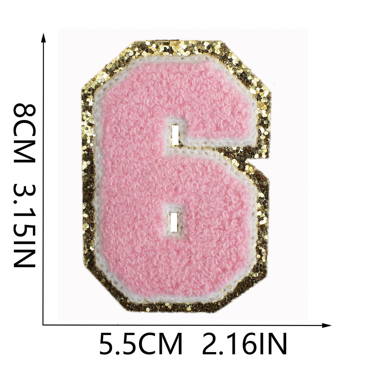 Iron-On Chenille Letter & Number Patch – 8cm Tall, Pink Letter with Gold Glitter Edge