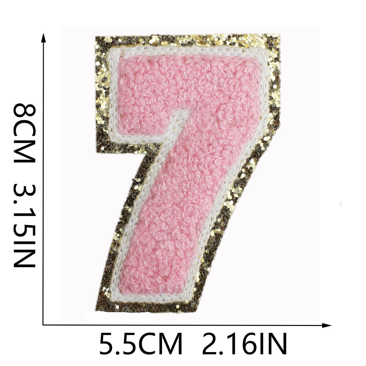 Iron-On Chenille Letter & Number Patch – 8cm Tall, Pink Letter with Gold Glitter Edge