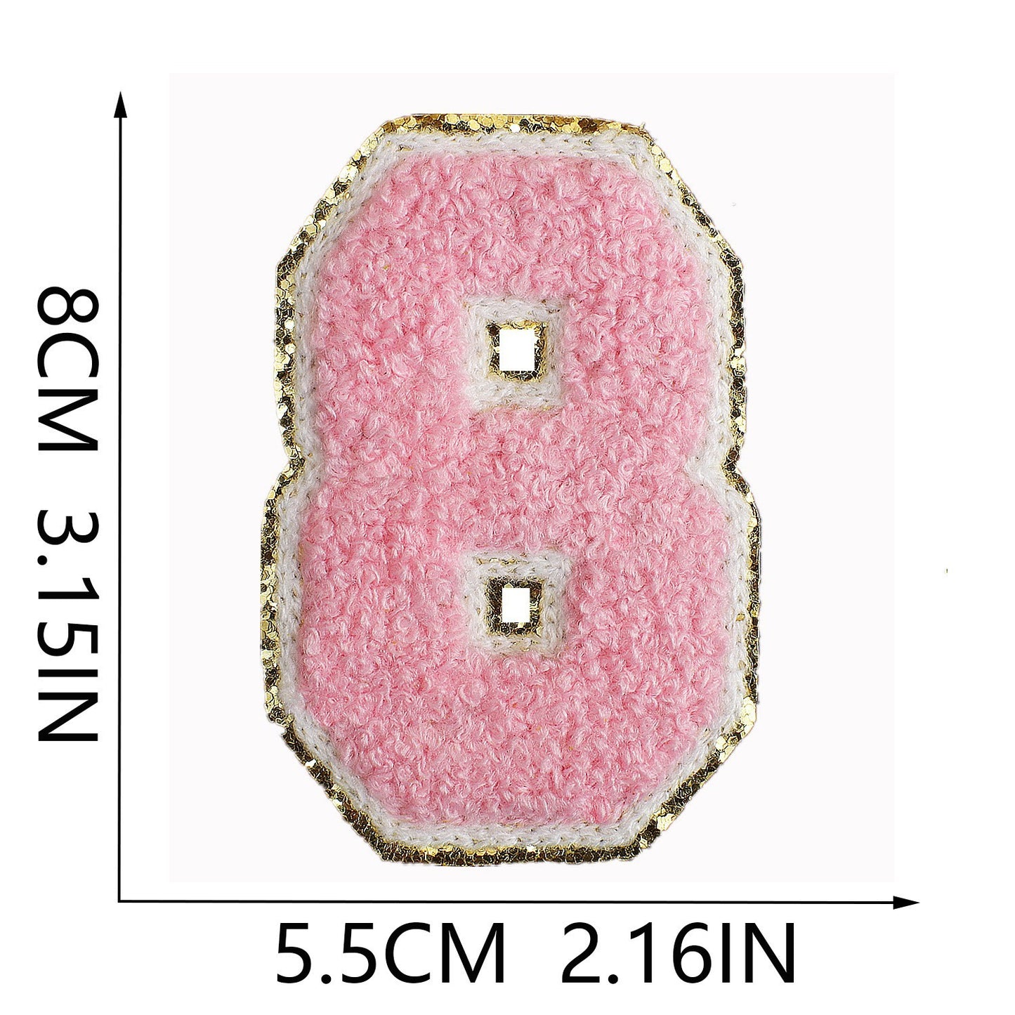 Iron-On Chenille Letter & Number Patch – 8cm Tall, Pink Letter with Gold Glitter Edge