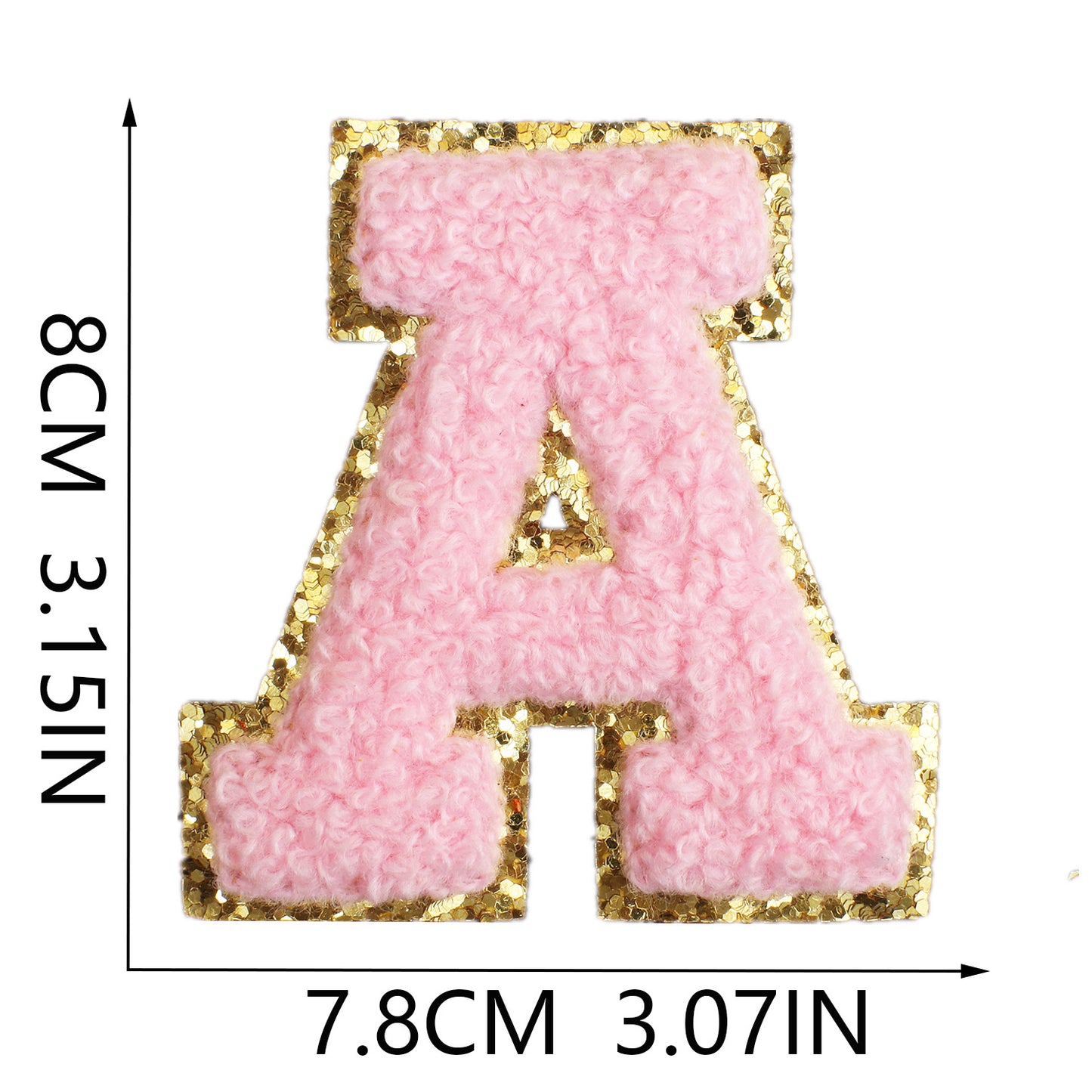 Iron-On Chenille Letter & Number Patch – 8cm Tall, Pink Letter with Gold Glitter Edge