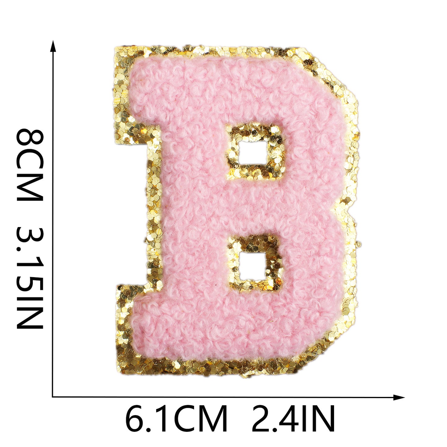Iron-On Chenille Letter & Number Patch – 8cm Tall, Pink Letter with Gold Glitter Edge