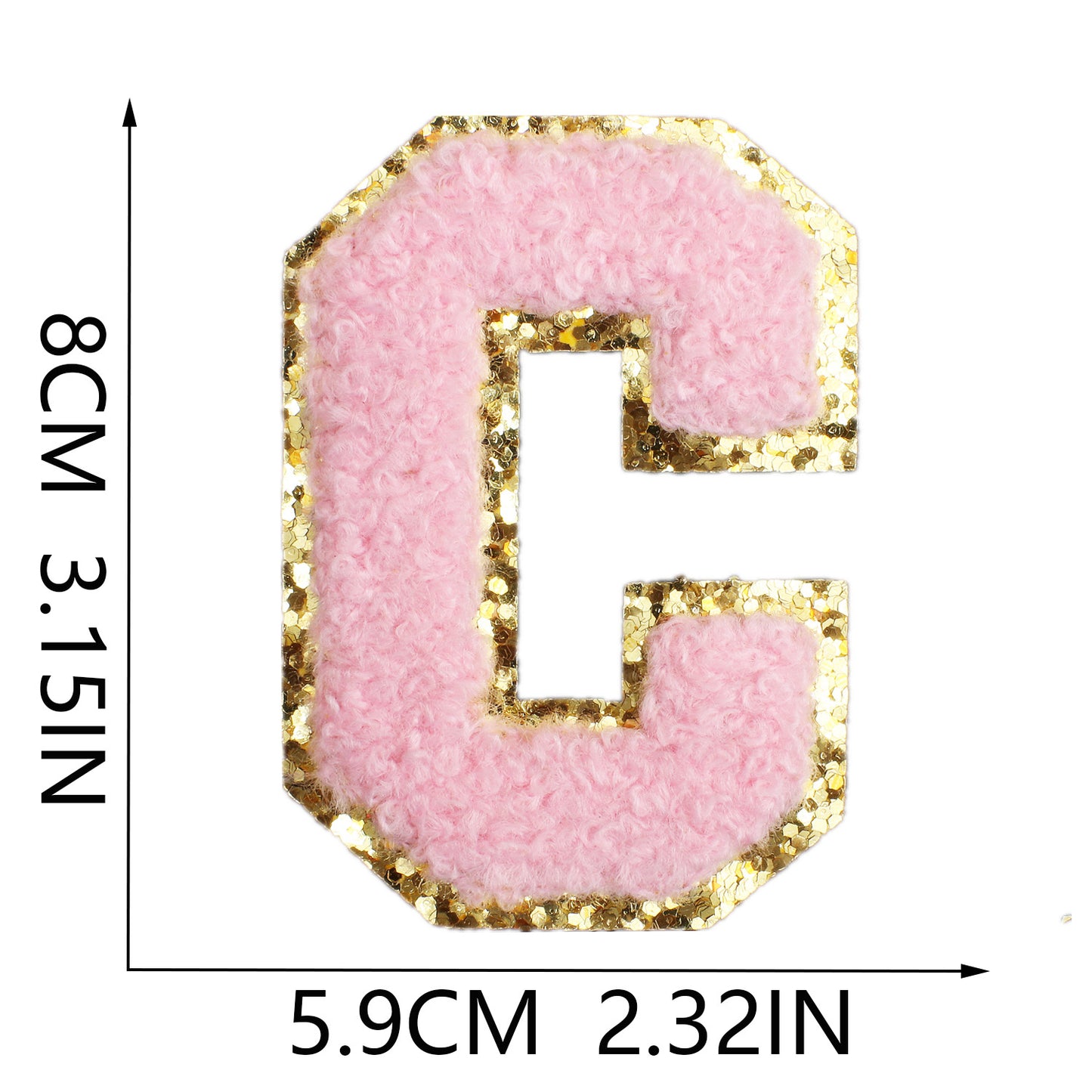 Iron-On Chenille Letter & Number Patch – 8cm Tall, Pink Letter with Gold Glitter Edge