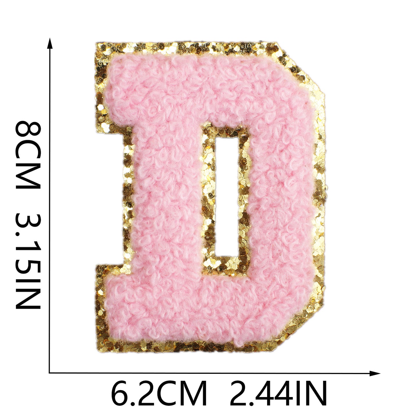 Iron-On Chenille Letter & Number Patch – 8cm Tall, Pink Letter with Gold Glitter Edge