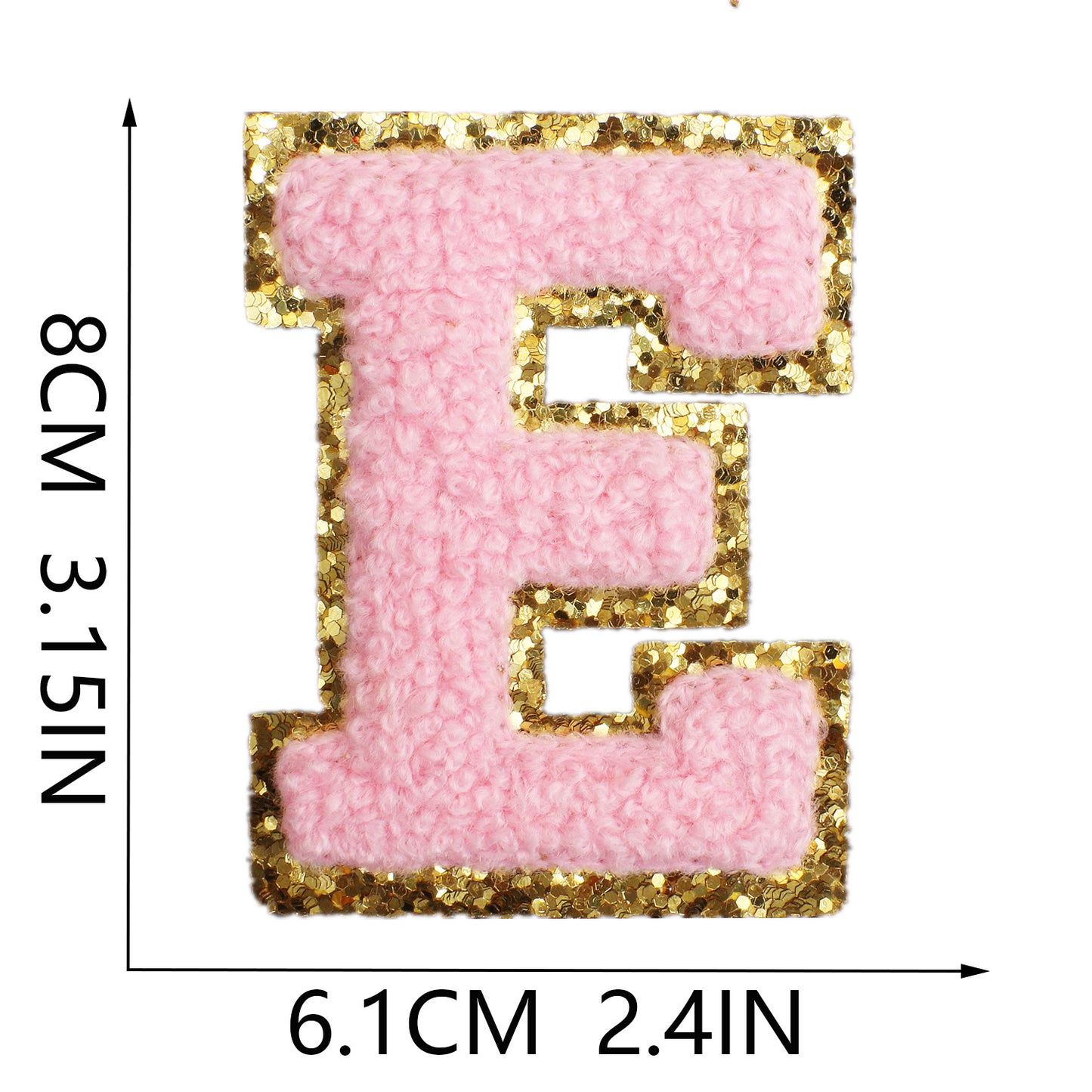 Iron-On Chenille Letter & Number Patch – 8cm Tall, Pink Letter with Gold Glitter Edge