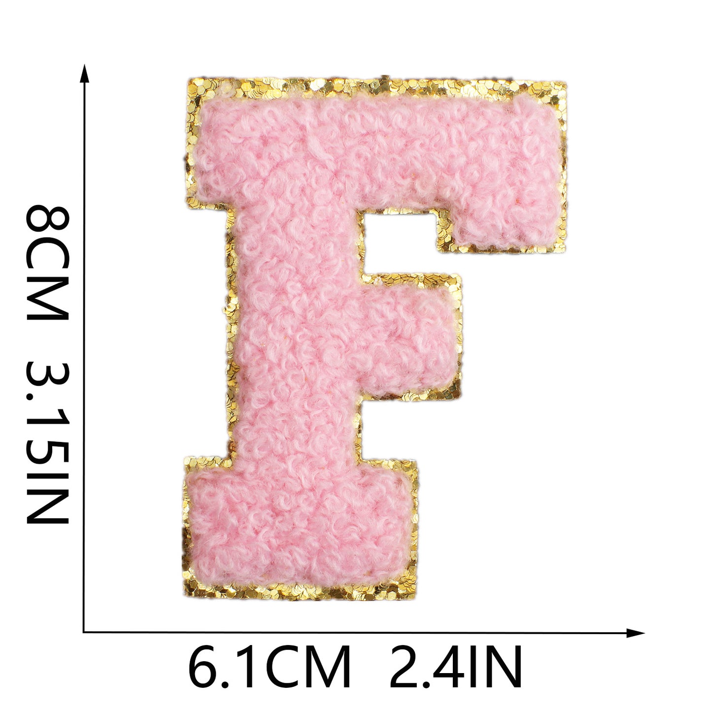 Iron-On Chenille Letter & Number Patch – 8cm Tall, Pink Letter with Gold Glitter Edge