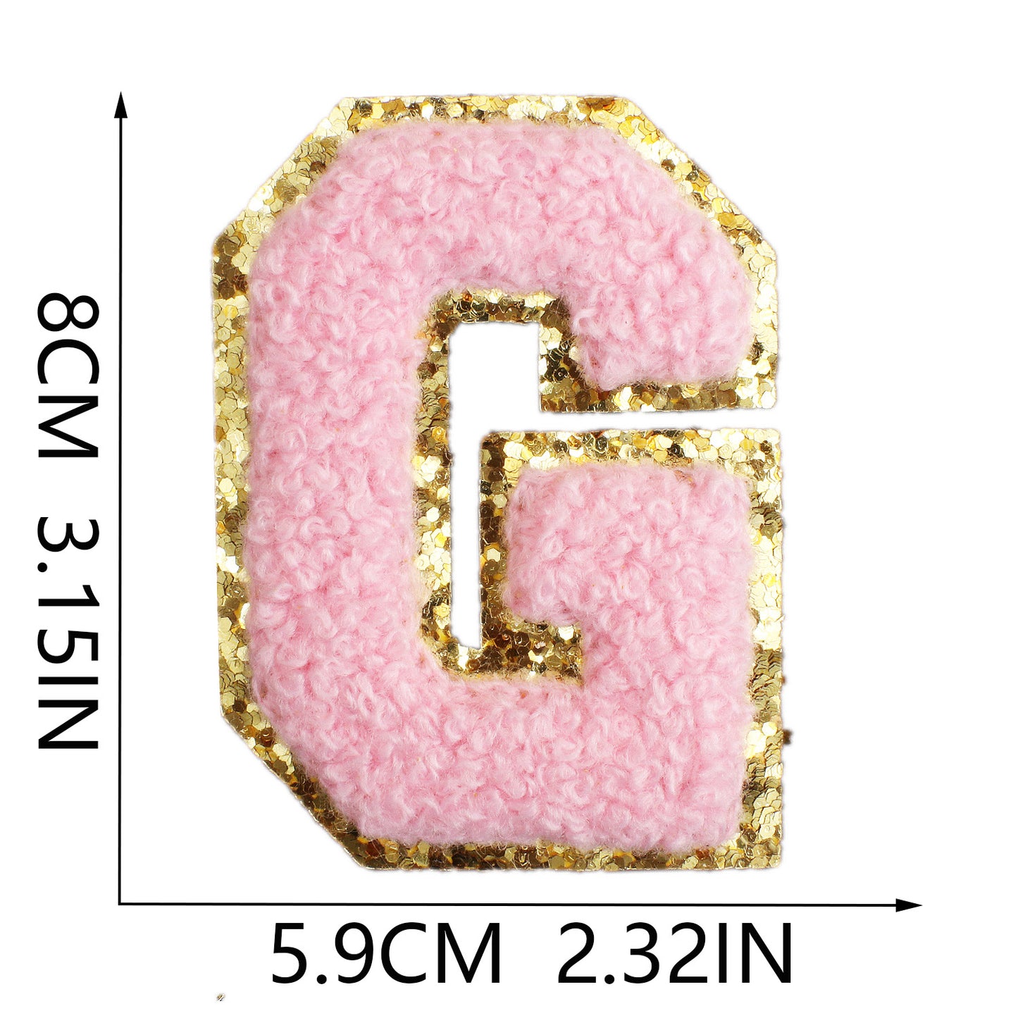 Iron-On Chenille Letter & Number Patch – 8cm Tall, Pink Letter with Gold Glitter Edge