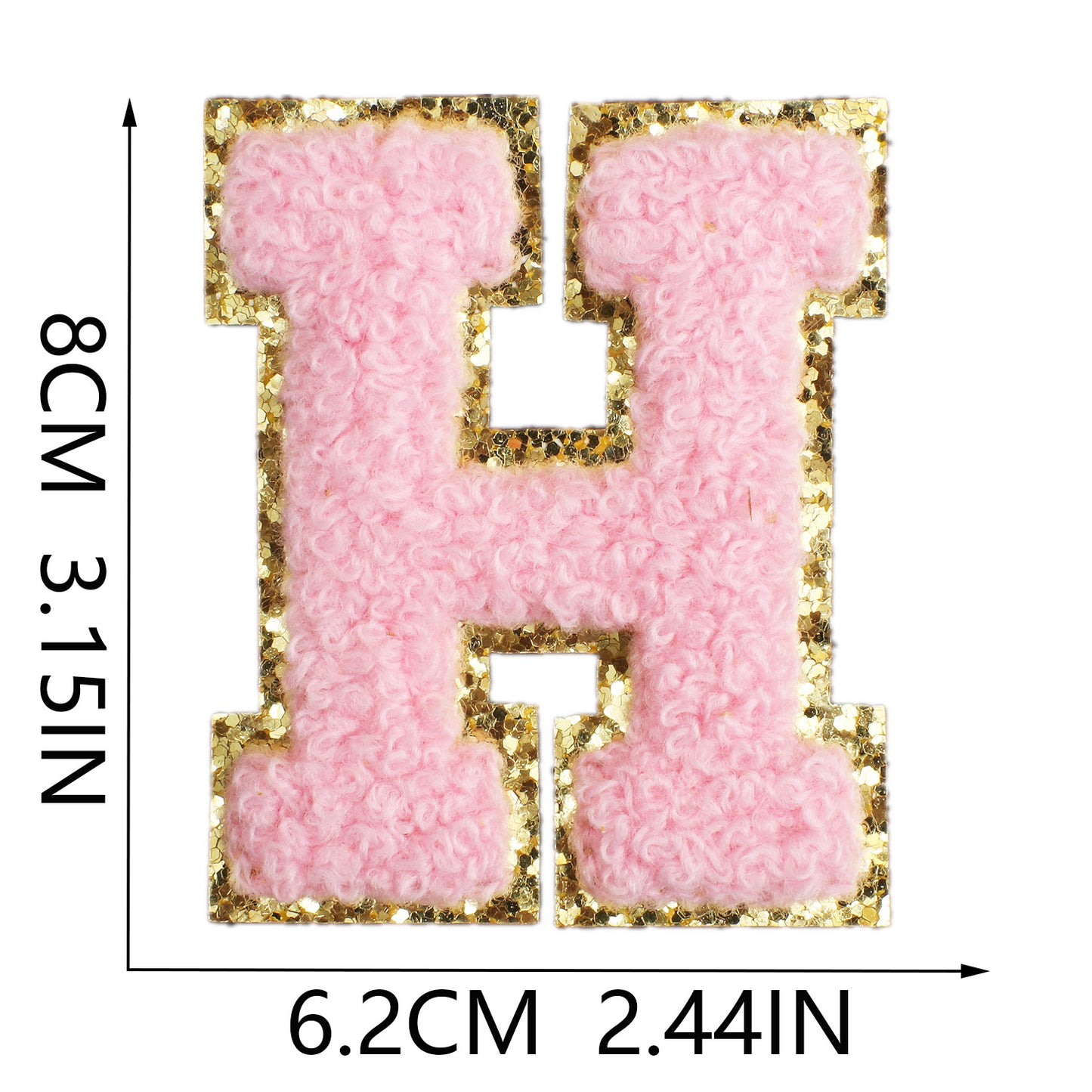 Iron-On Chenille Letter & Number Patch – 8cm Tall, Pink Letter with Gold Glitter Edge