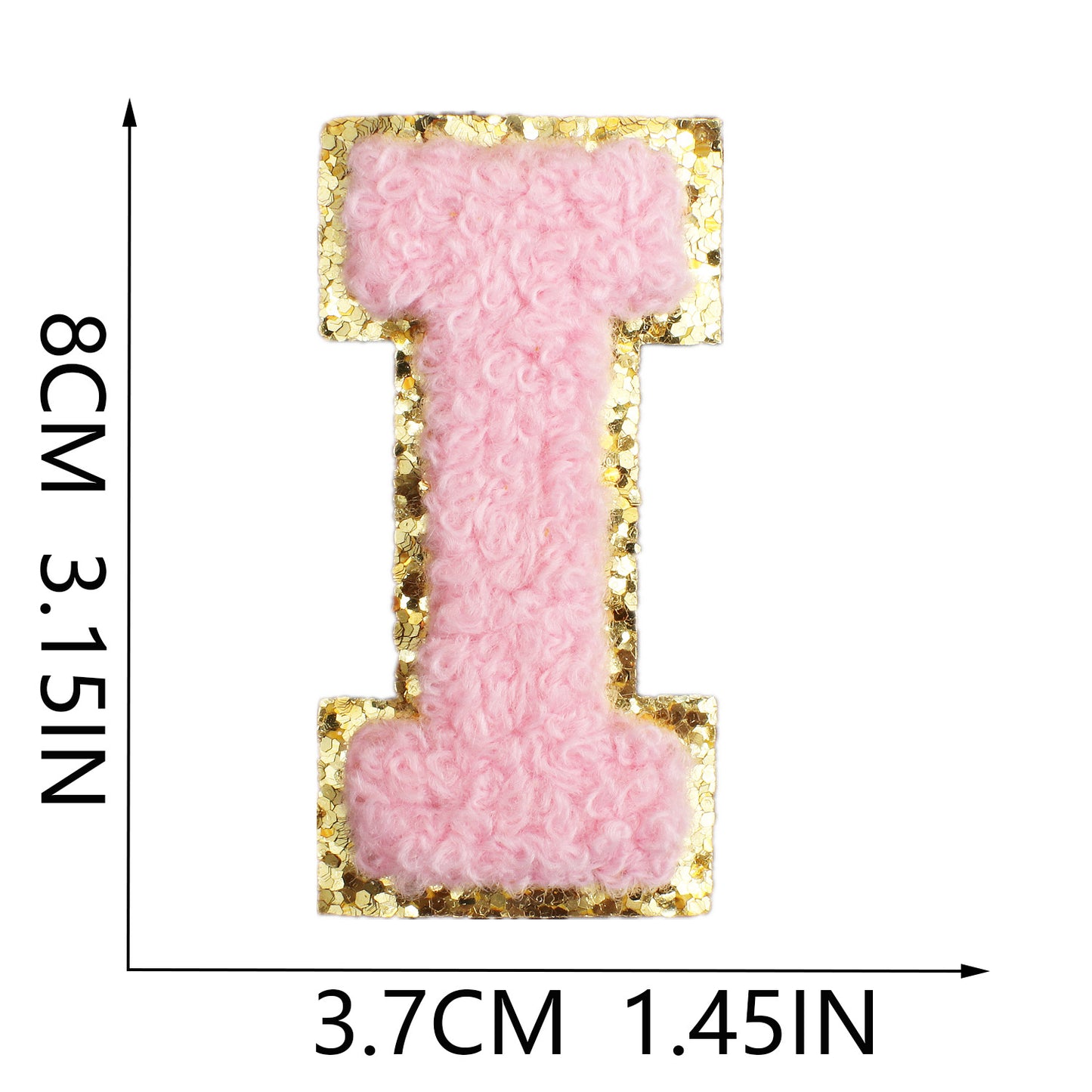 Iron-On Chenille Letter & Number Patch – 8cm Tall, Pink Letter with Gold Glitter Edge