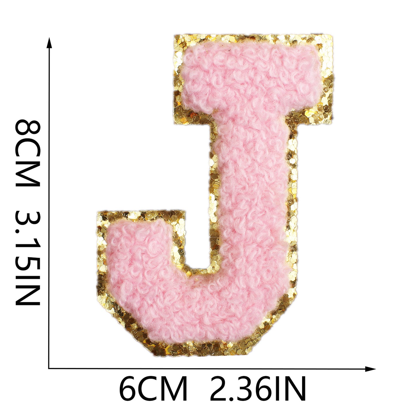 Iron-On Chenille Letter & Number Patch – 8cm Tall, Pink Letter with Gold Glitter Edge