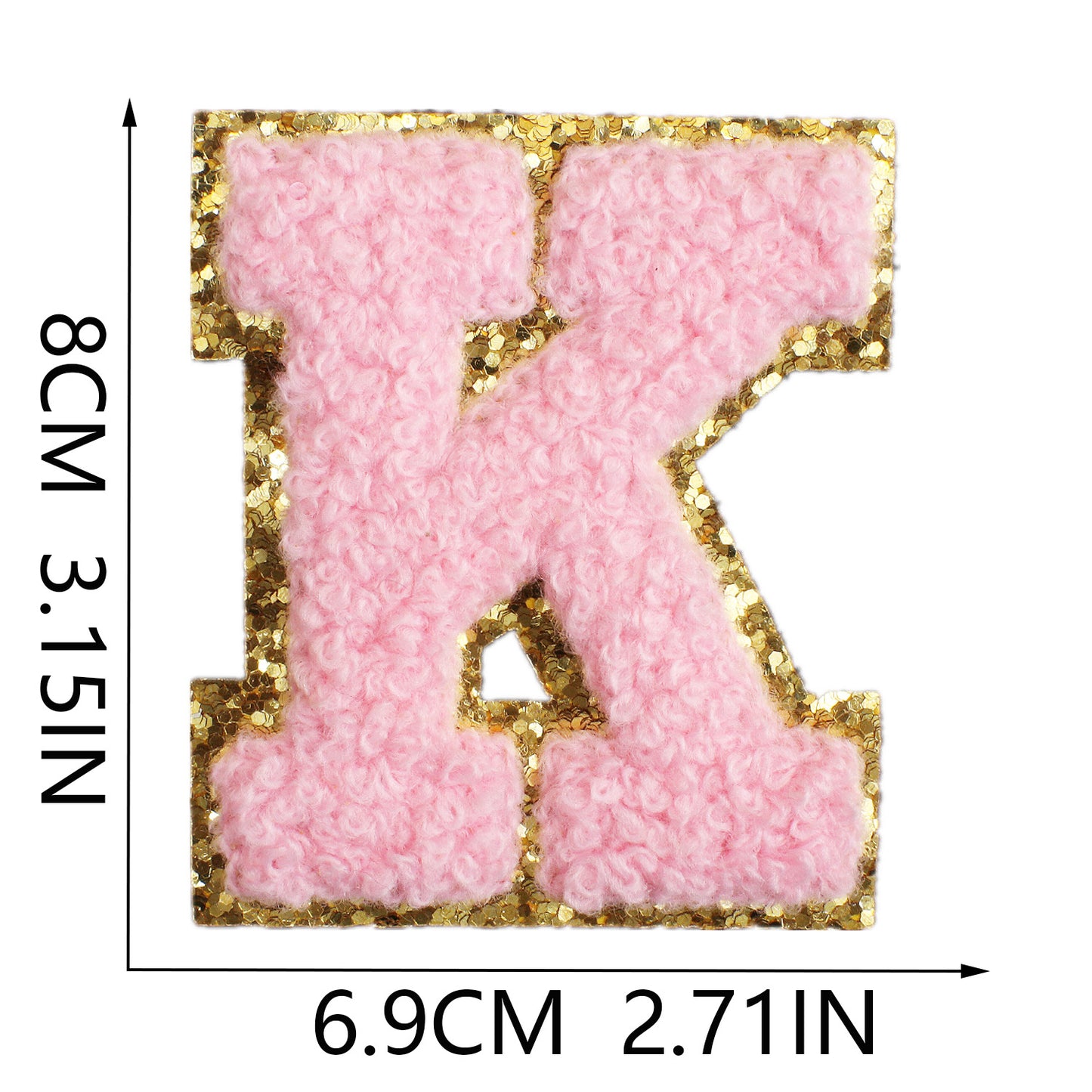 Iron-On Chenille Letter & Number Patch – 8cm Tall, Pink Letter with Gold Glitter Edge
