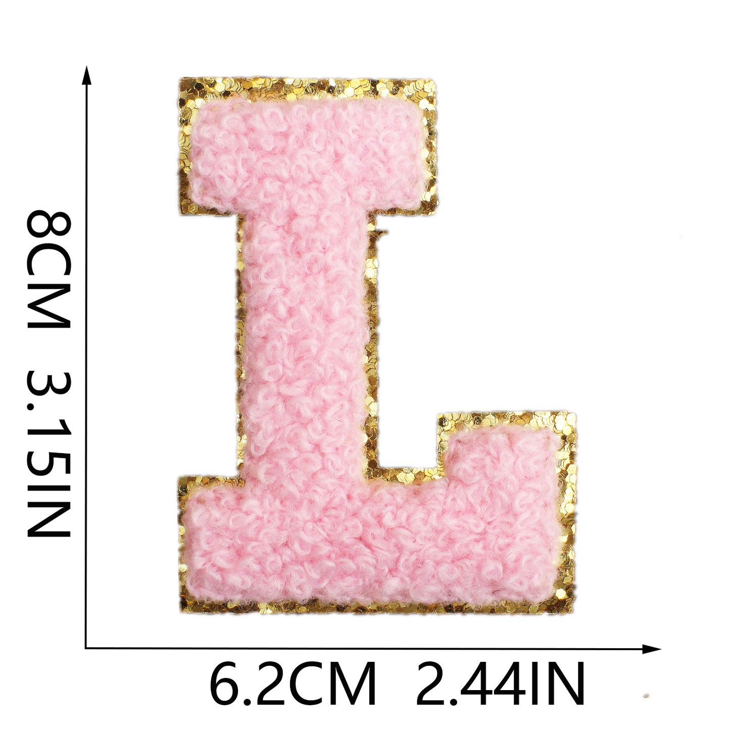 Iron-On Chenille Letter & Number Patch – 8cm Tall, Pink Letter with Gold Glitter Edge