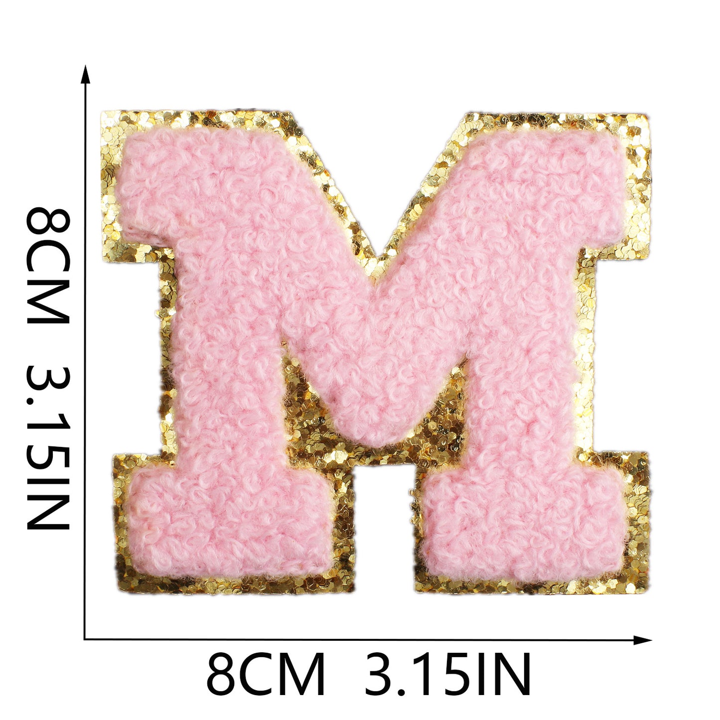 Iron-On Chenille Letter & Number Patch – 8cm Tall, Pink Letter with Gold Glitter Edge