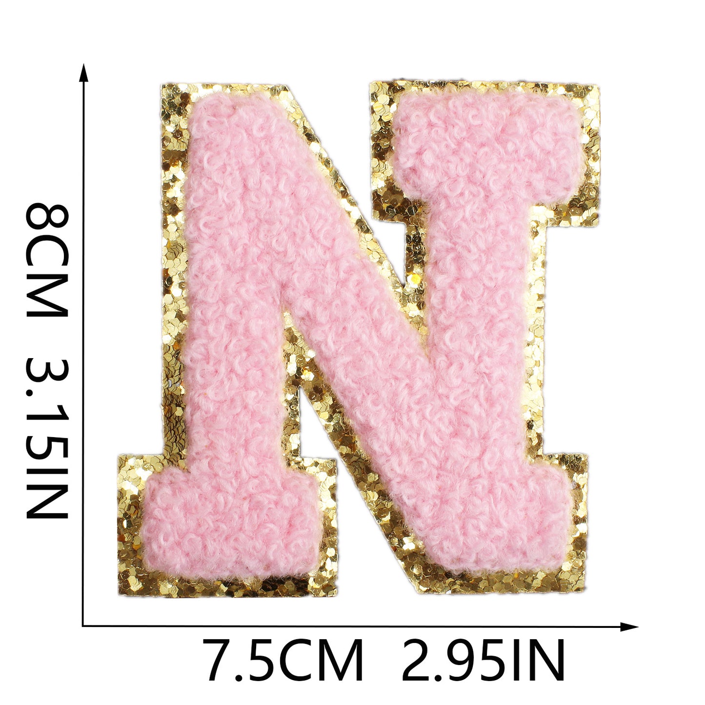 Iron-On Chenille Letter & Number Patch – 8cm Tall, Pink Letter with Gold Glitter Edge